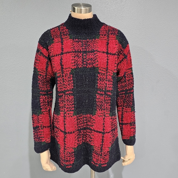 Vintage JONES NEW YORK Red Plaid Chenille Wool Blend Knit Oversized Sweater S - Picture 1 of 7